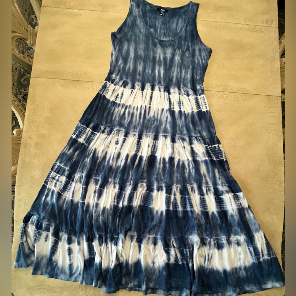 Chaps Sleeveless Blue Tie-Dye Tiered Maxi Dress - Casual Summer Style